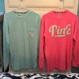 two PINK long sleeve shirts